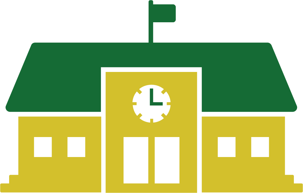an art depiction of a small school building with a clock and flag